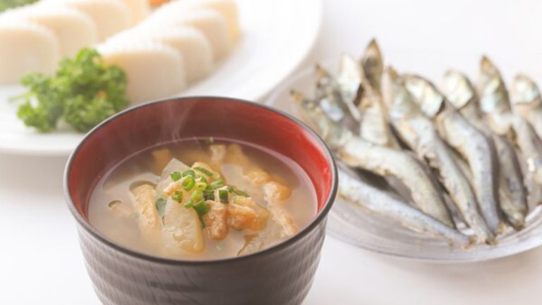 The miso soup is homemade, carefully prepared using a broth made from dried sardines.