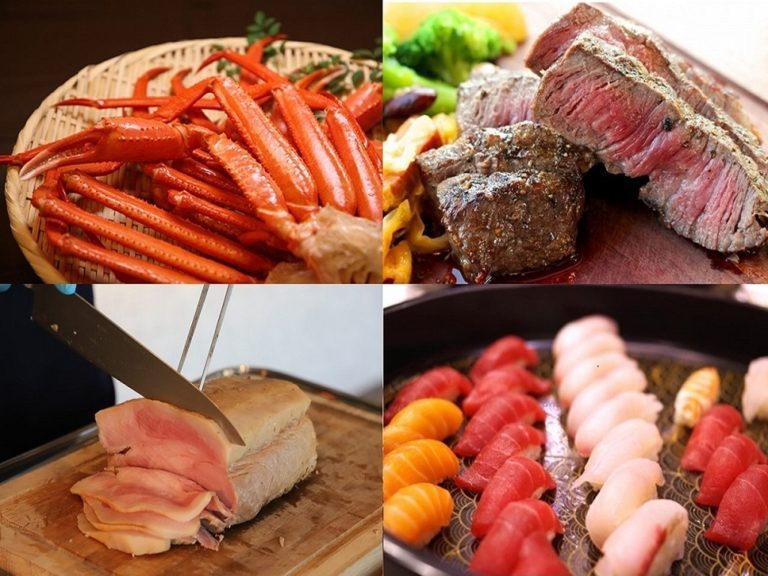 Crab, Steak, Roast Pork, Sushi